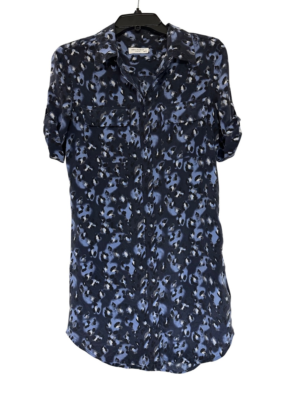 Equipment 100% Silk Button Shirt Dress Blue Leopard XS